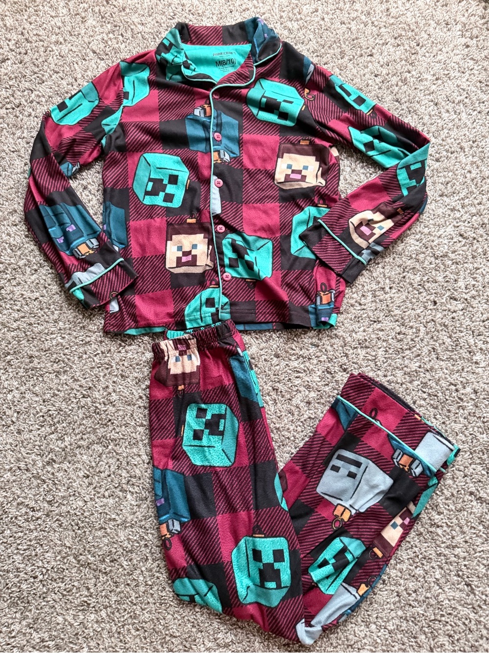 Kids Maroon Plaid Character Print Pajama Set with Teal Accents